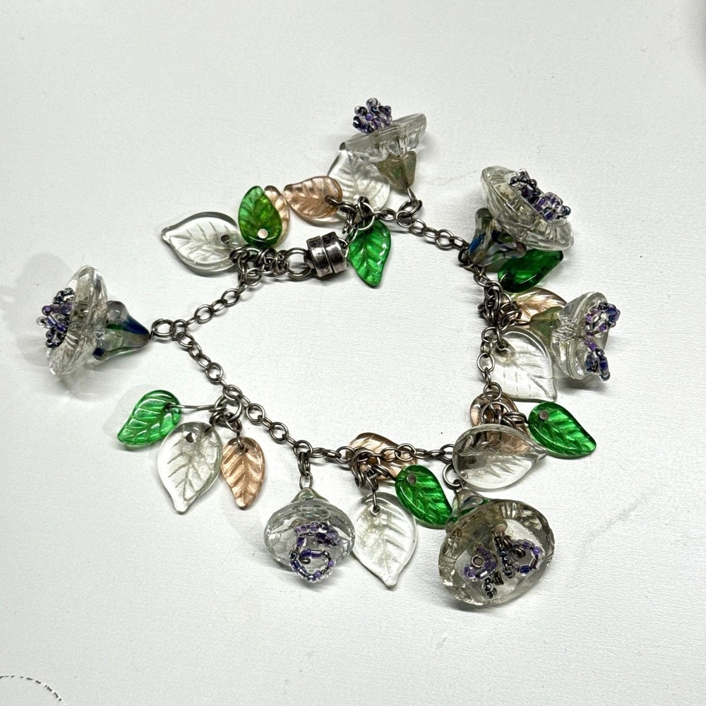Vintage Green Glass Flower Leaf Beaded Charm Bracelet Sterling Silver 925